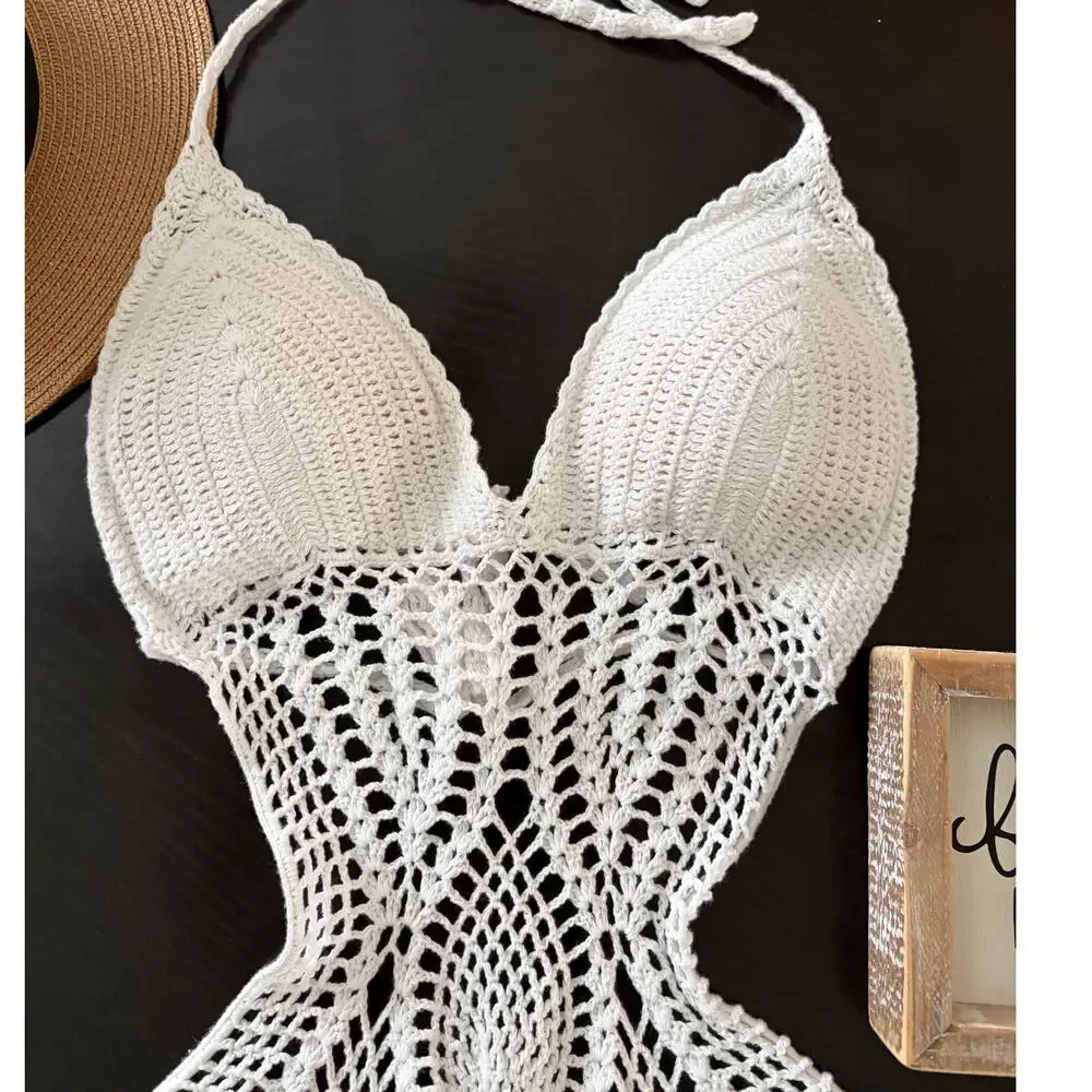 Crochet One Piece White Bathing Suit Size S-M - Picture 8 of 9